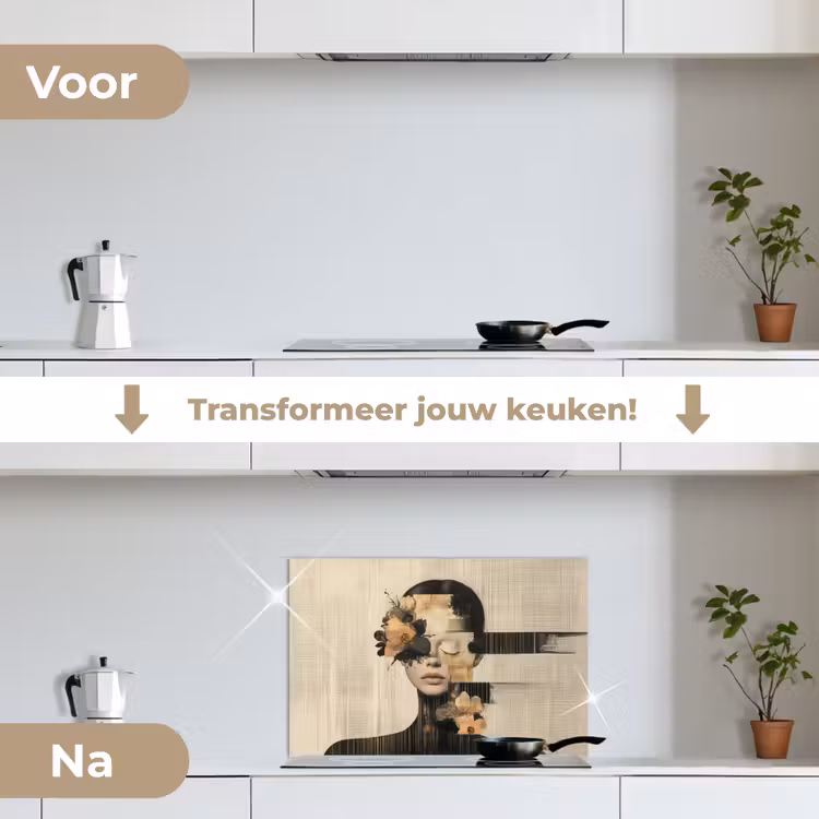 Spatscherm keuken - Gezicht - Bloemen - Zwart - Vrouw — 3