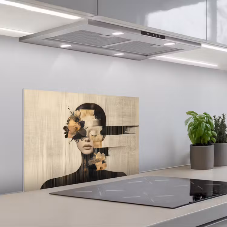 Spatscherm keuken - Gezicht - Bloemen - Zwart - Vrouw — 5