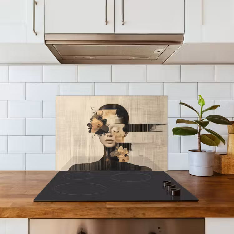 Spatscherm keuken - Gezicht - Bloemen - Zwart - Vrouw — 6