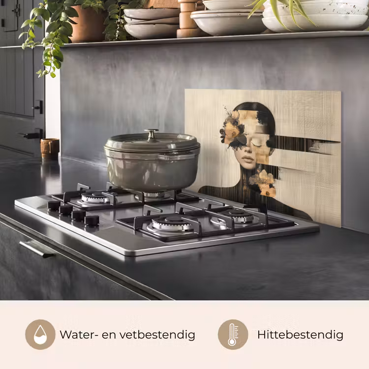 Spatscherm keuken - Gezicht - Bloemen - Zwart - Vrouw — 7