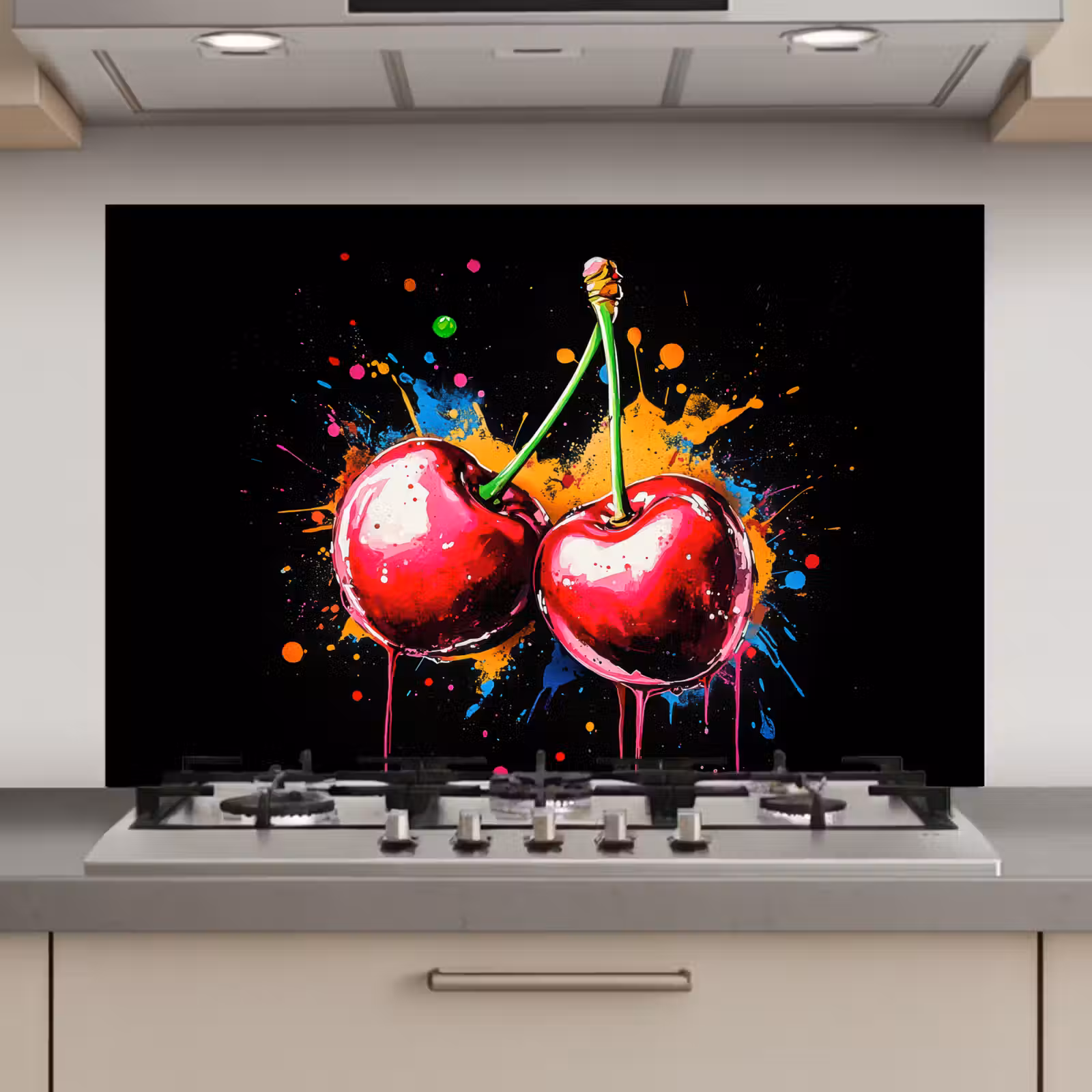 Spatscherm keuken - Kersen - Fruit - Graffiti - Verf - Abstract - Modern - Kleurrijk — 1