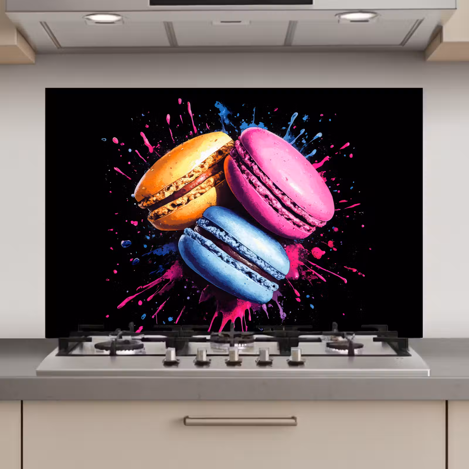 Spatscherm keuken - Macarons - Dessert - Graffiti - Kleurrijk - Roze - Blauw - Geel — 1