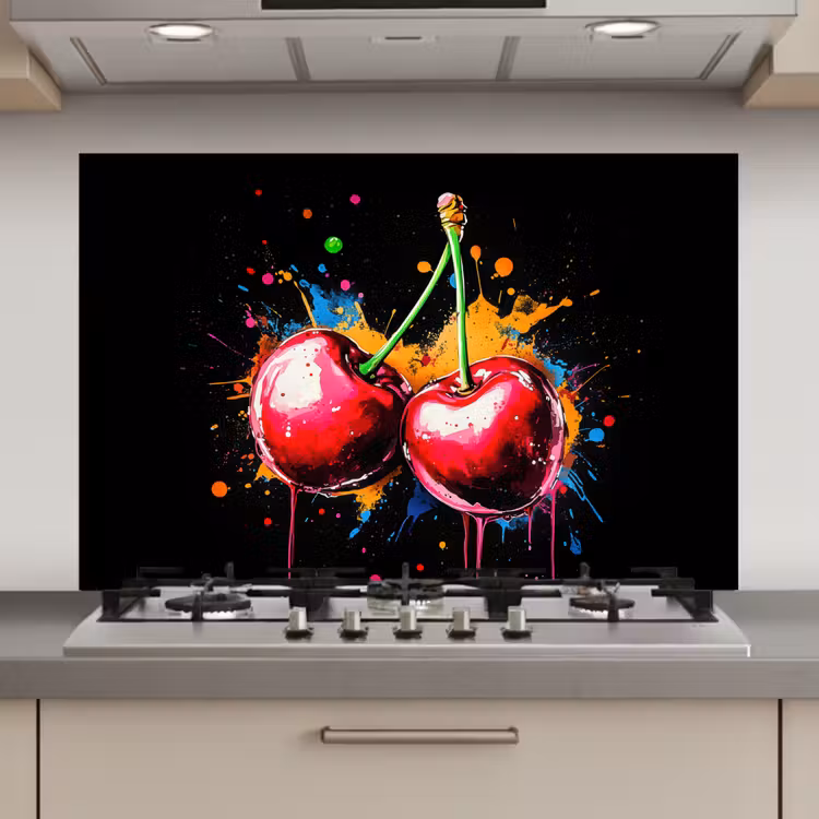Spatscherm keuken - Kersen - Fruit - Graffiti - Verf - Abstract - Modern - Kleurrijk — 1