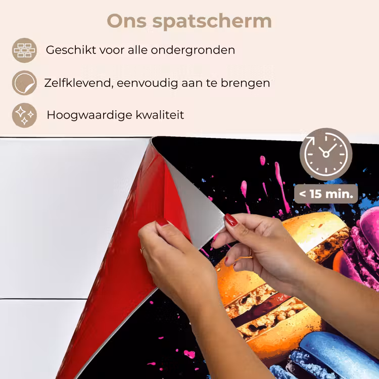 Spatscherm keuken - Macarons - Dessert - Graffiti - Kleurrijk - Roze - Blauw - Geel — 4