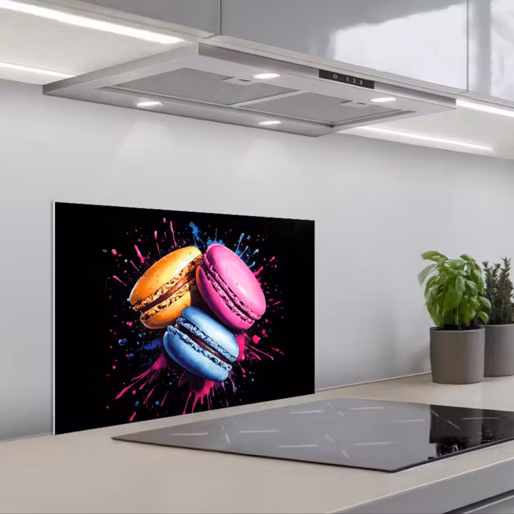 Spatscherm keuken - Macarons - Dessert - Graffiti - Kleurrijk - Roze - Blauw - Geel — 5