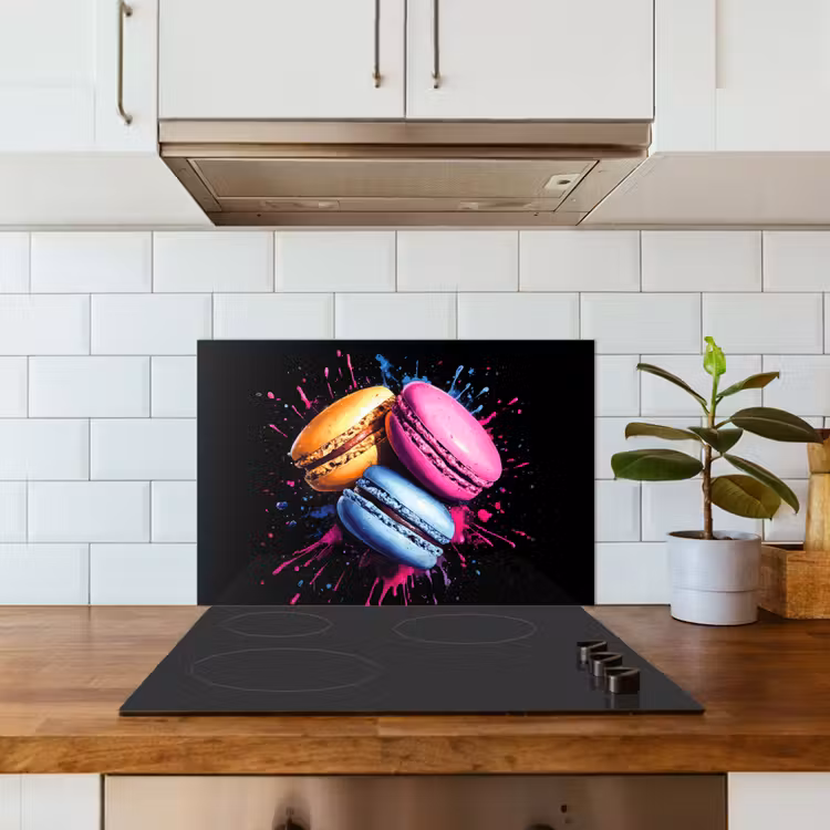 Spatscherm keuken - Macarons - Dessert - Graffiti - Kleurrijk - Roze - Blauw - Geel — 6