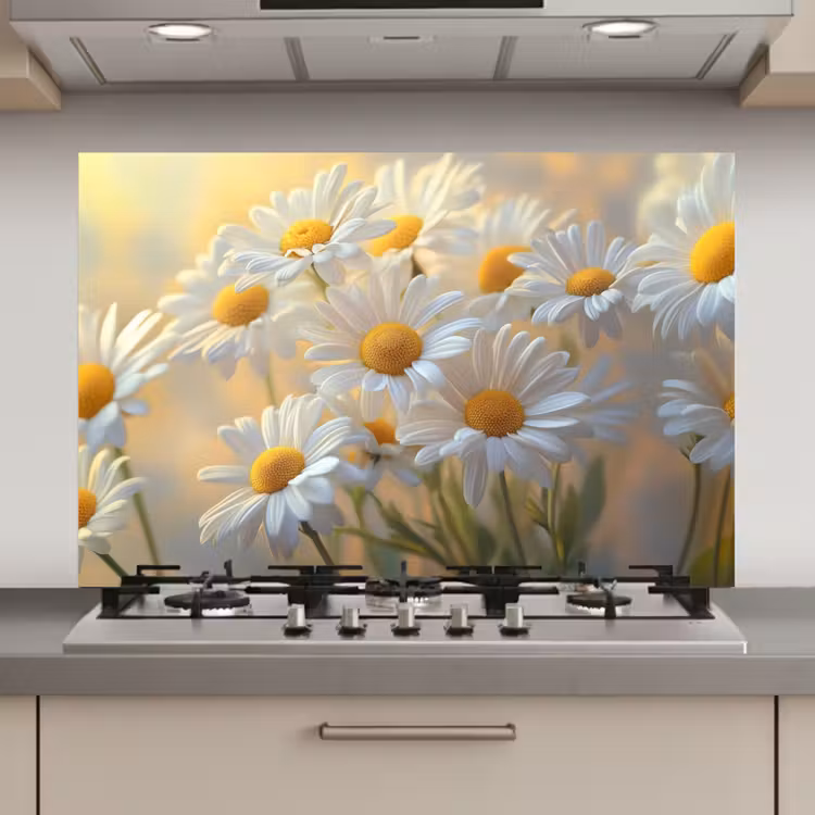 Spatscherm keuken - Madeliefjes - Wit - Zonlicht — 1
