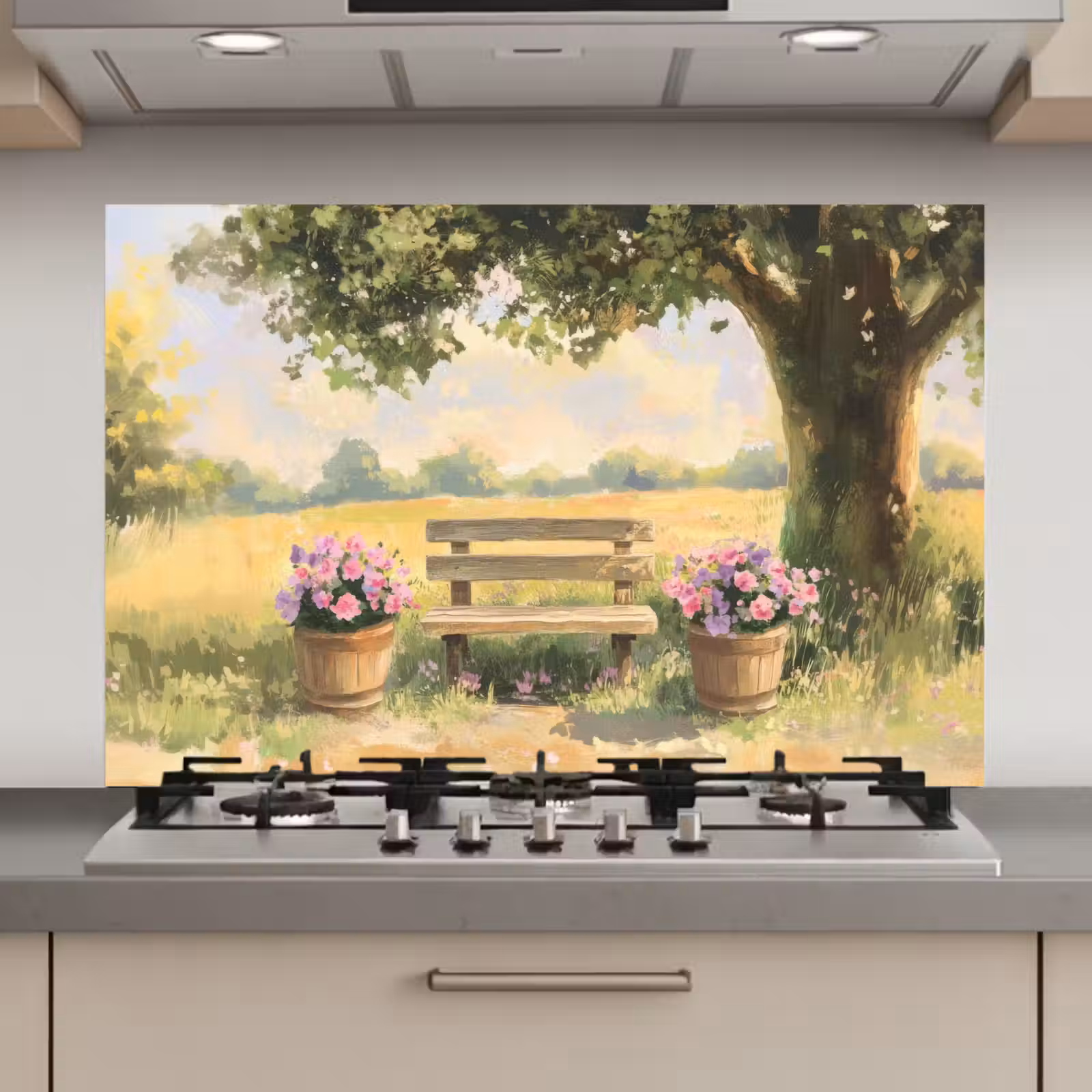 Spatscherm keuken - Houten bankje - Bloempotten - Landschap — 1