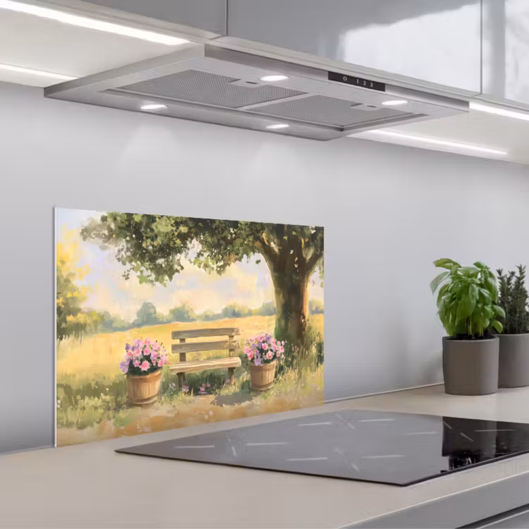 Spatscherm keuken - Houten bankje - Bloempotten - Landschap — 5