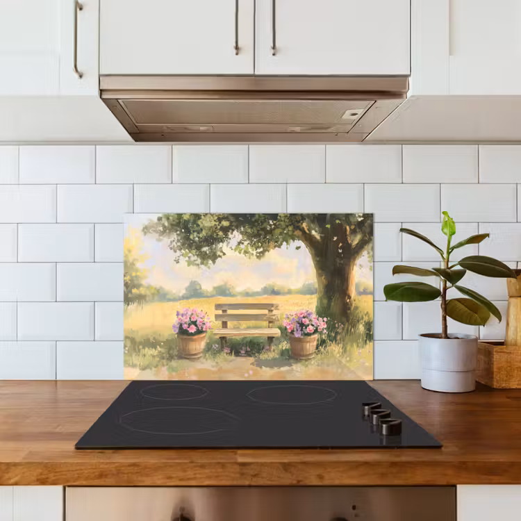 Spatscherm keuken - Houten bankje - Bloempotten - Landschap — 6