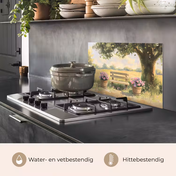 Spatscherm keuken - Houten bankje - Bloempotten - Landschap — 7