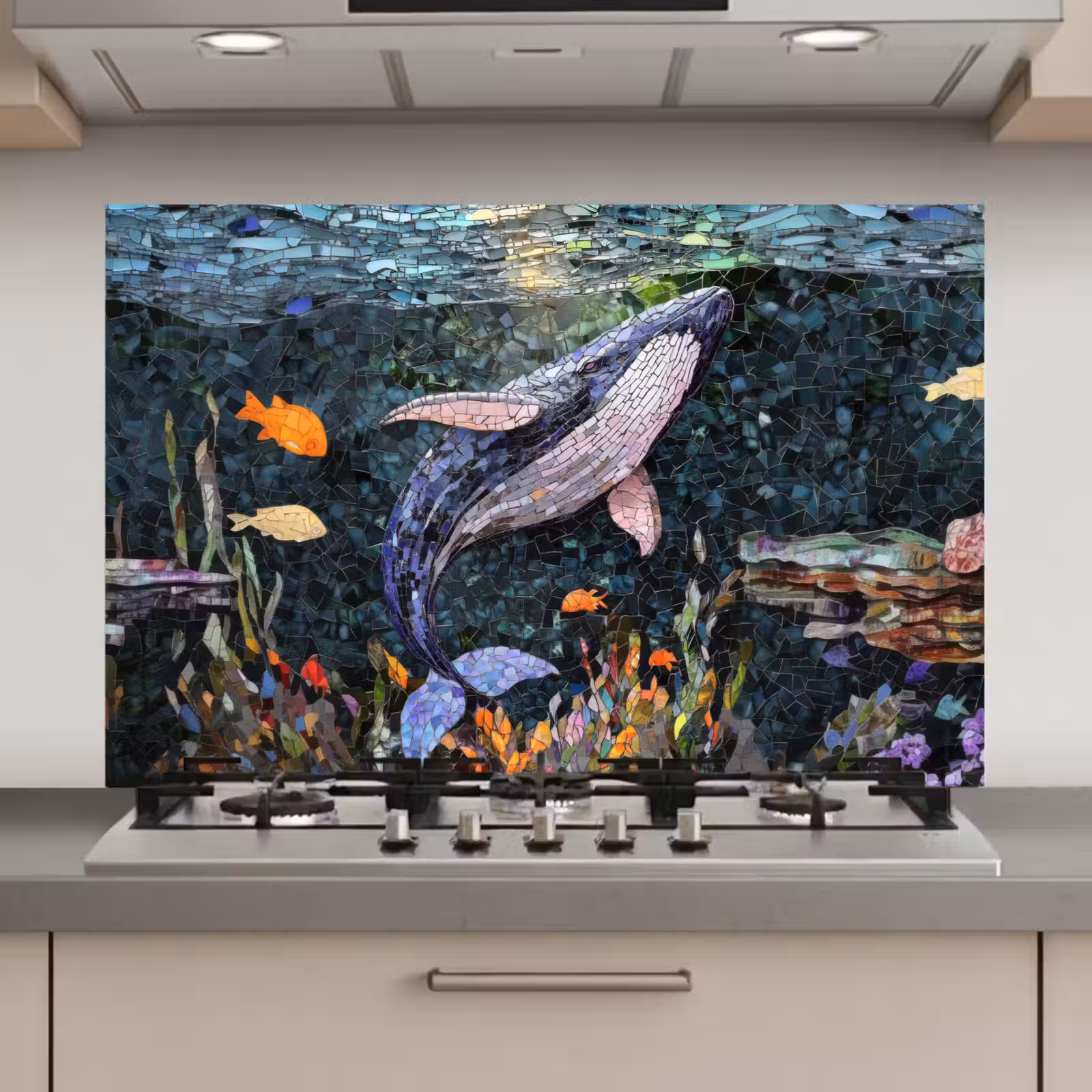 Spatscherm keuken - Mozaïek - Walvis - Koraal - Water — 1