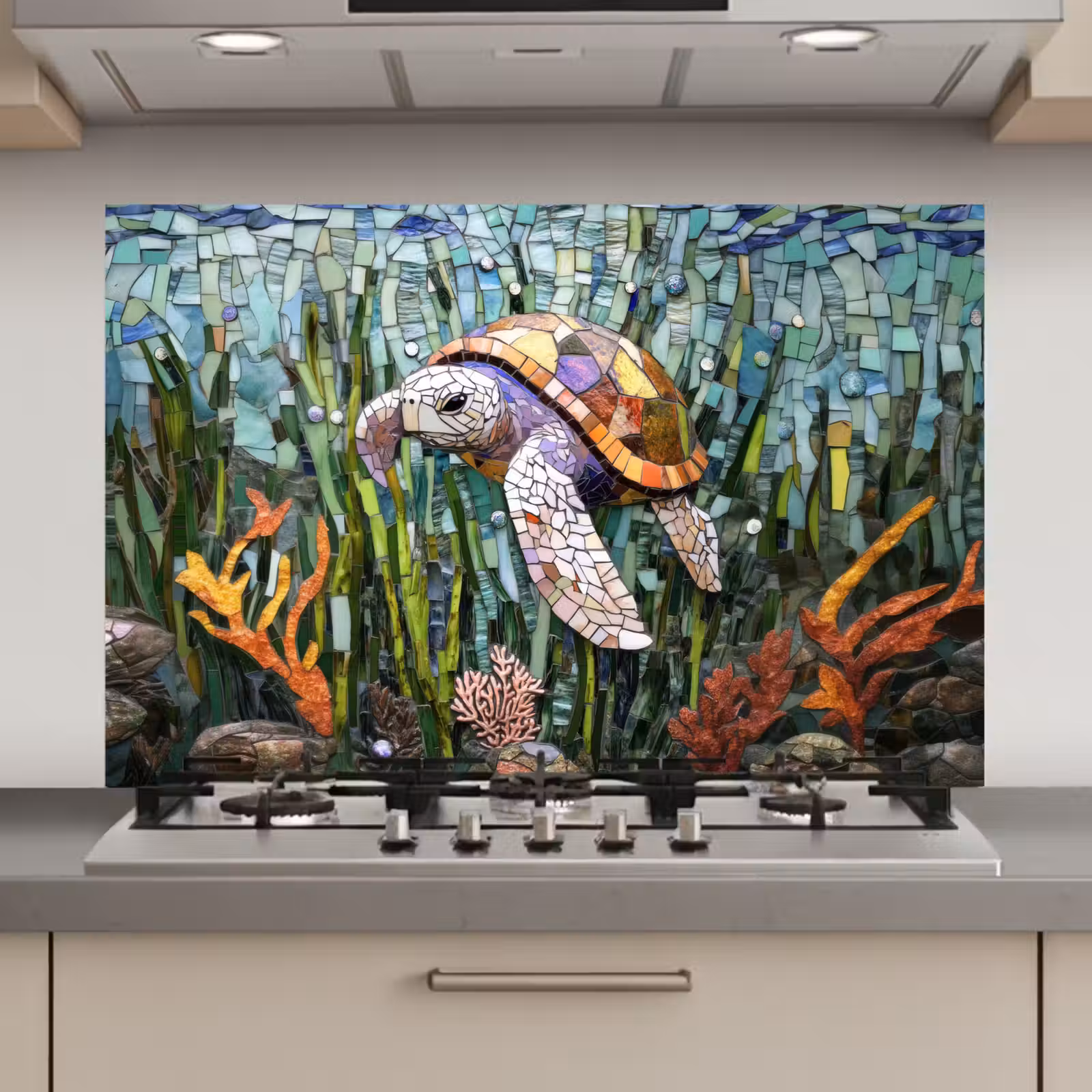 Spatscherm keuken - Schildpad - Zeewier - Mozaïek — 1
