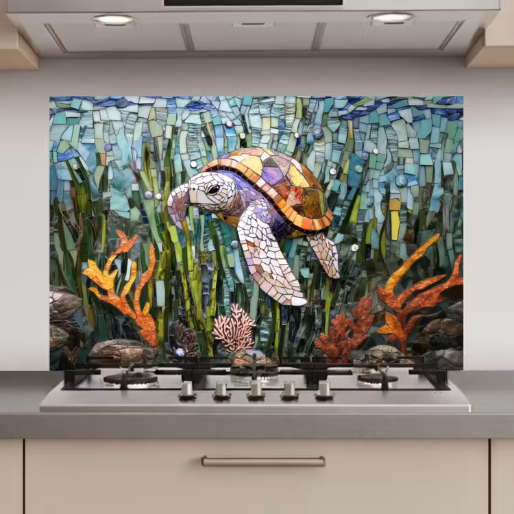 Spatscherm keuken - Schildpad - Zeewier - Mozaïek — 1