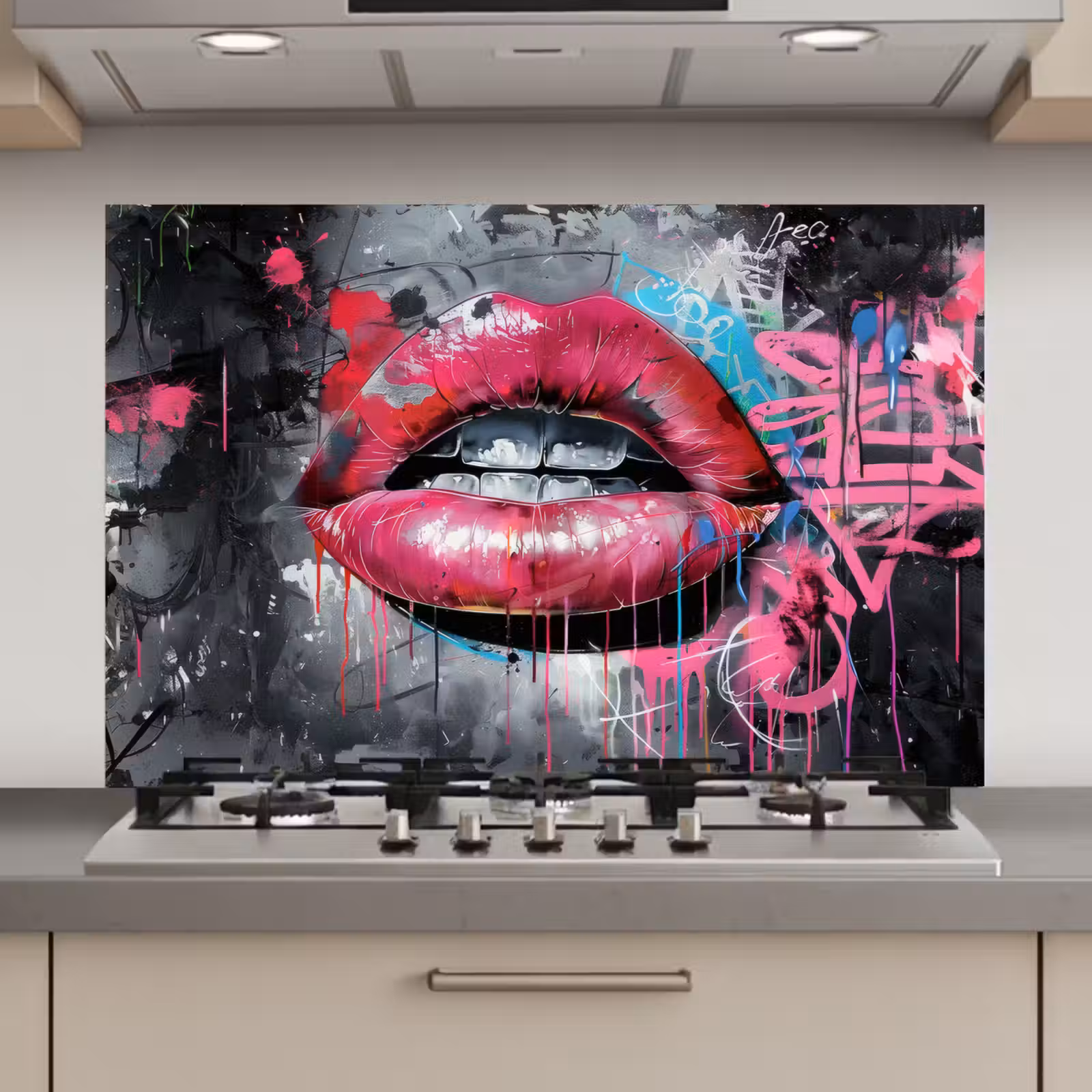 Spatscherm keuken - Lippen - Felroze - Graffiti - Verfstrepen — 1