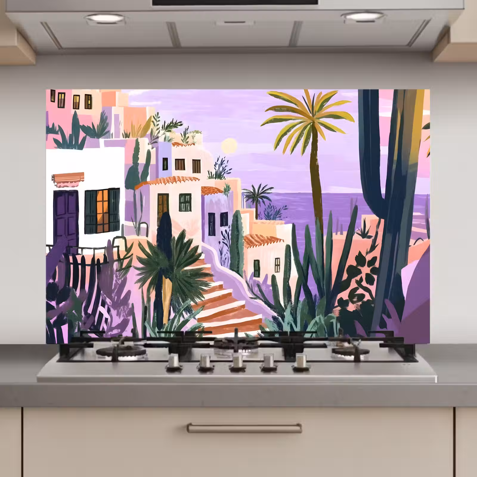 Spatscherm keuken - Huizen - Minimalistisch - Palmbomen - Kust — 1