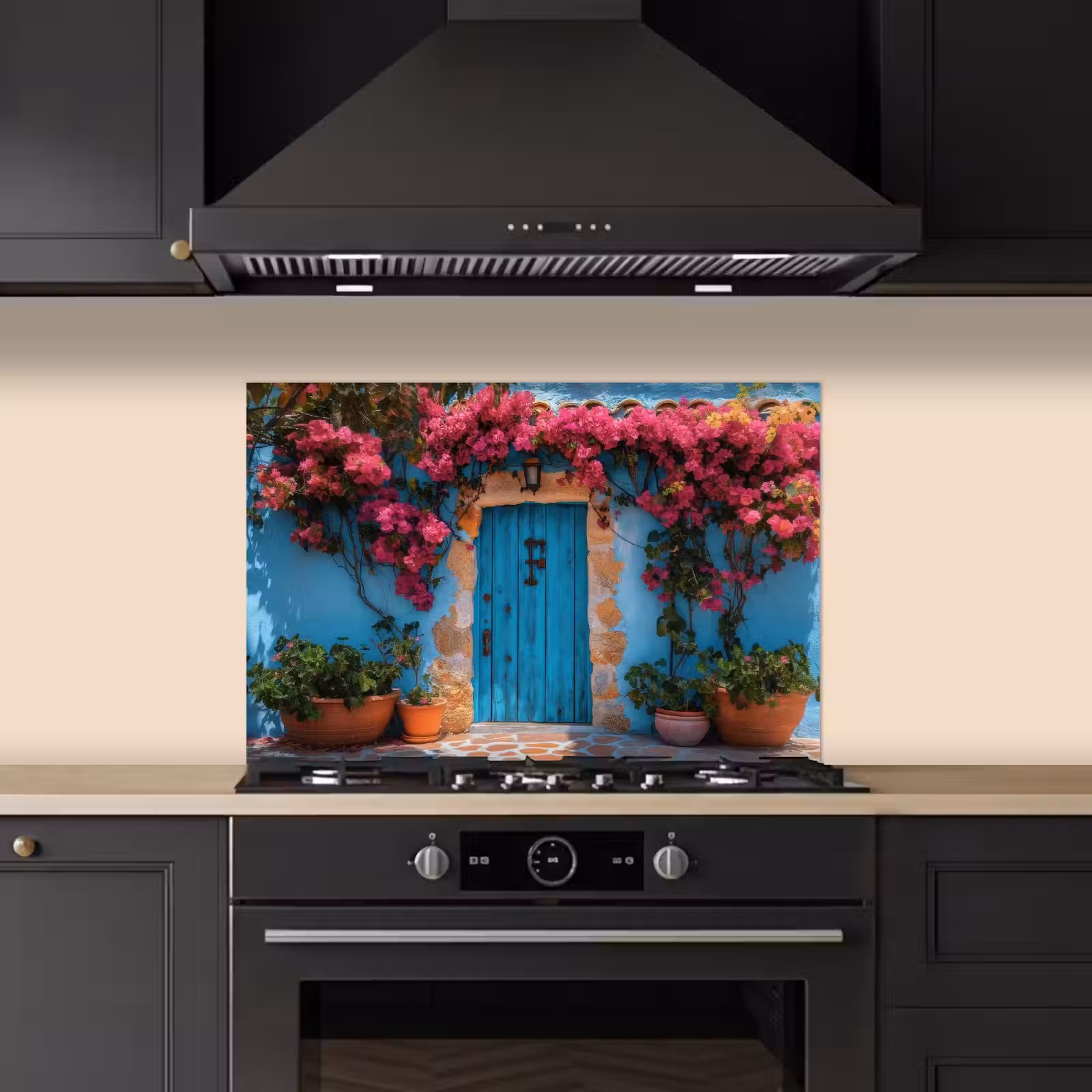 Spatscherm keuken - Deur - Hout - Bloemen - Blauw — 1