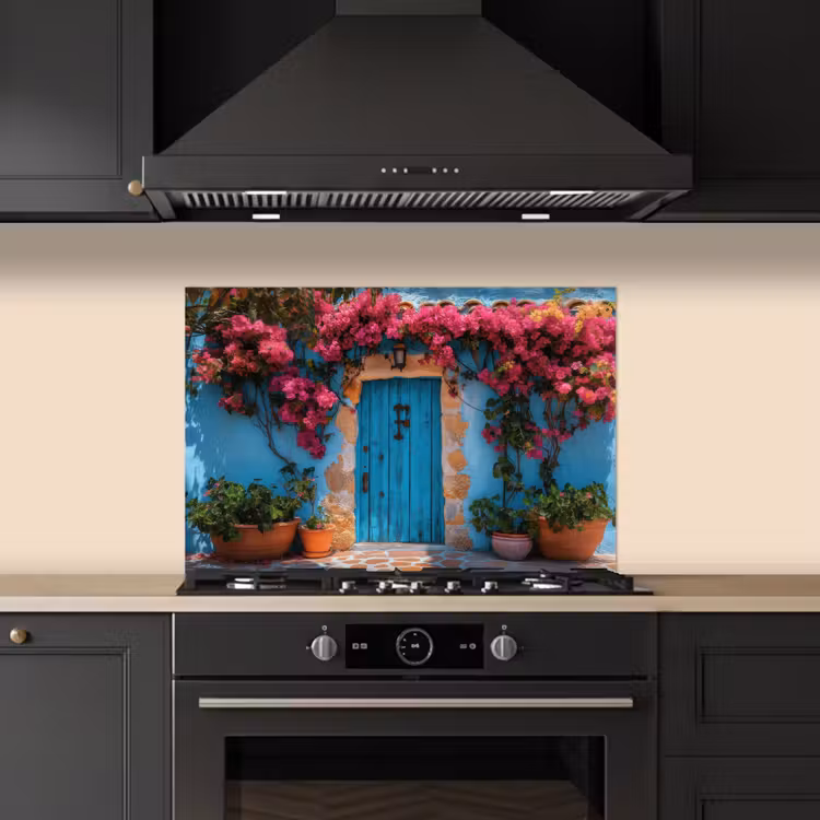 Spatscherm keuken - Deur - Hout - Bloemen - Blauw — 1