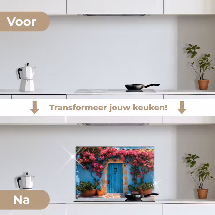 Spatscherm keuken - Deur - Hout - Bloemen - Blauw — 2