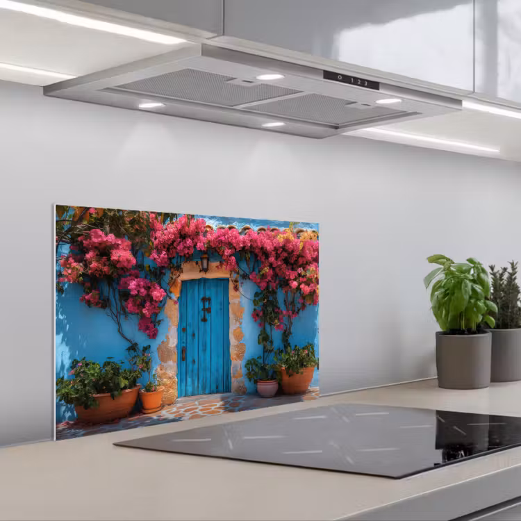 Spatscherm keuken - Deur - Hout - Bloemen - Blauw — 4