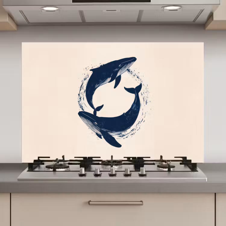 Spatscherm keuken - Walvissen - Spetters - Cirkel - Donkerblauw — 1