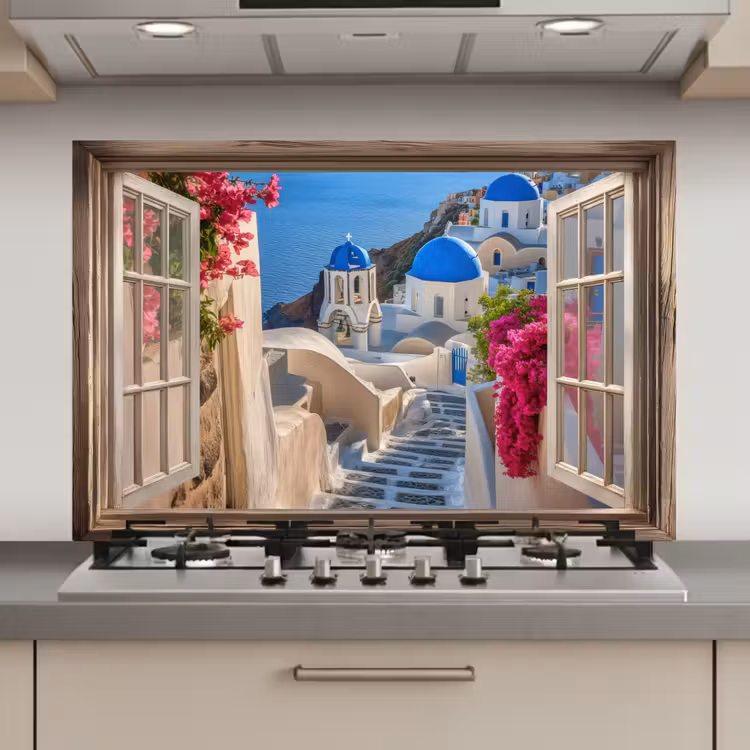 Spatscherm keuken - Doorkijk - Santorini - Landschap - Blauw - Grieks — 1