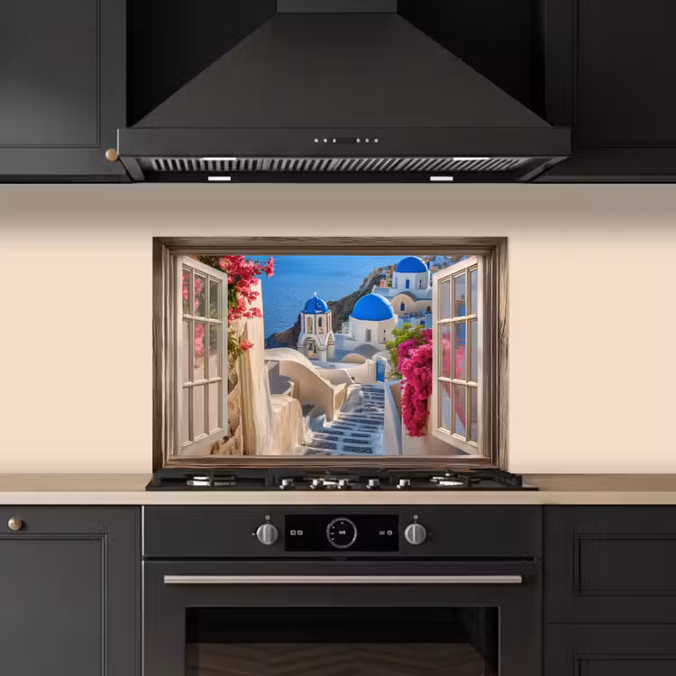 Spatscherm keuken - Doorkijk - Santorini - Landschap - Blauw - Grieks — 2