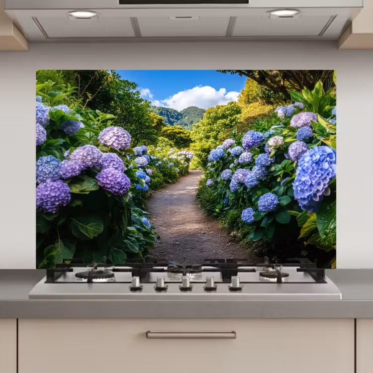 Spatscherm keuken - Hortsensia - Pad - Bloemen — 1