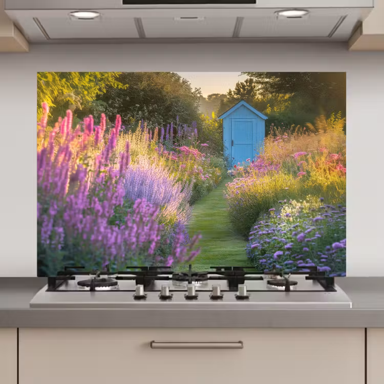 Spatscherm keuken - Tuinhuisje - Blauw - Bloemen — 1
