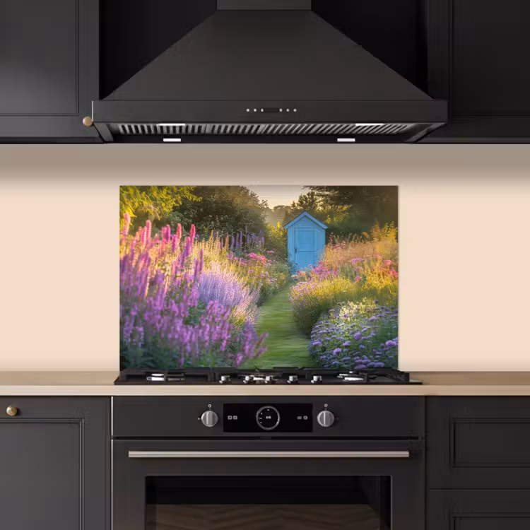 Spatscherm keuken - Tuinhuisje - Blauw - Bloemen — 2