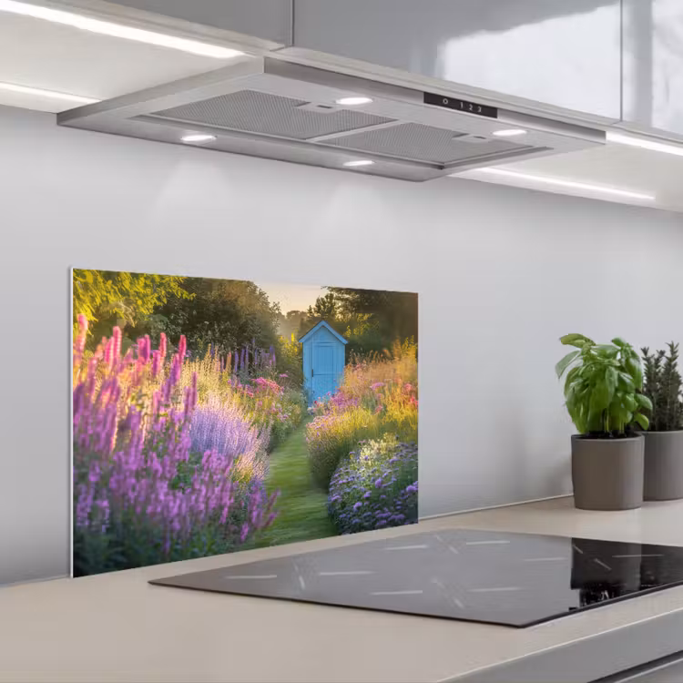 Spatscherm keuken - Tuinhuisje - Blauw - Bloemen — 5