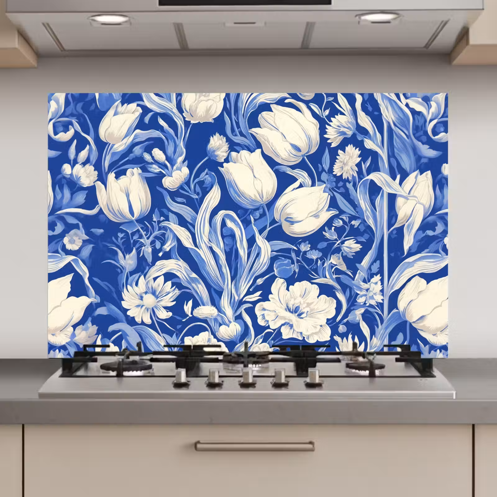 Spatscherm keuken - Bloemen - Delfts Blauw - Patroon - Tulp — 1