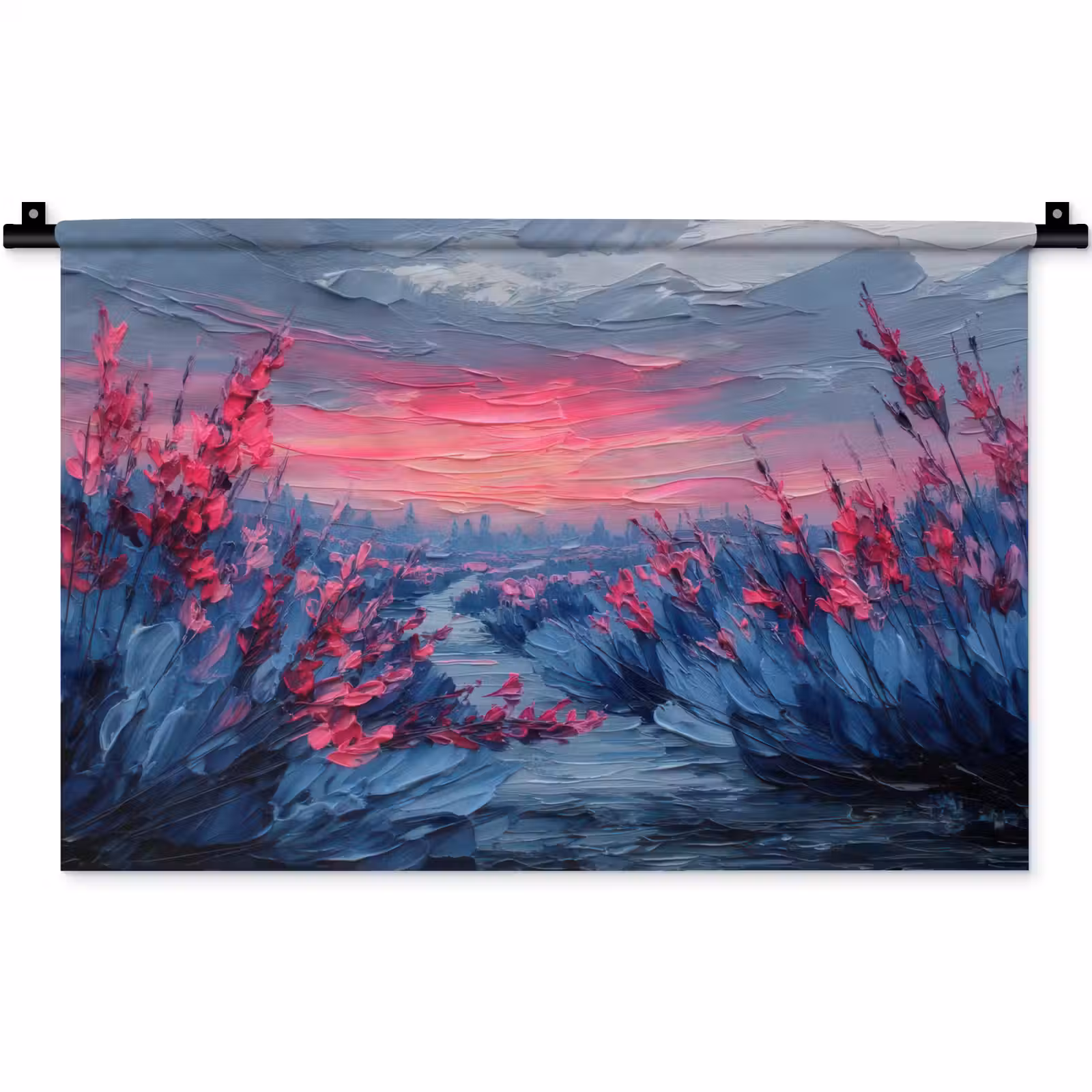 Wandkleed - Schilderij - Zonsondergang - Bloemen - Rivier — 1