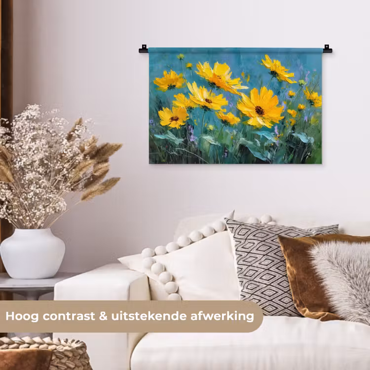 Wandkleed - Penseelstreken - Bloemen - Felgeel - Abstract — 4
