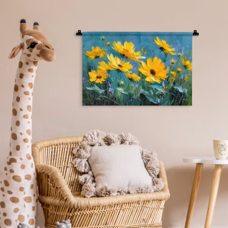 Wandkleed - Penseelstreken - Bloemen - Felgeel - Abstract — 5