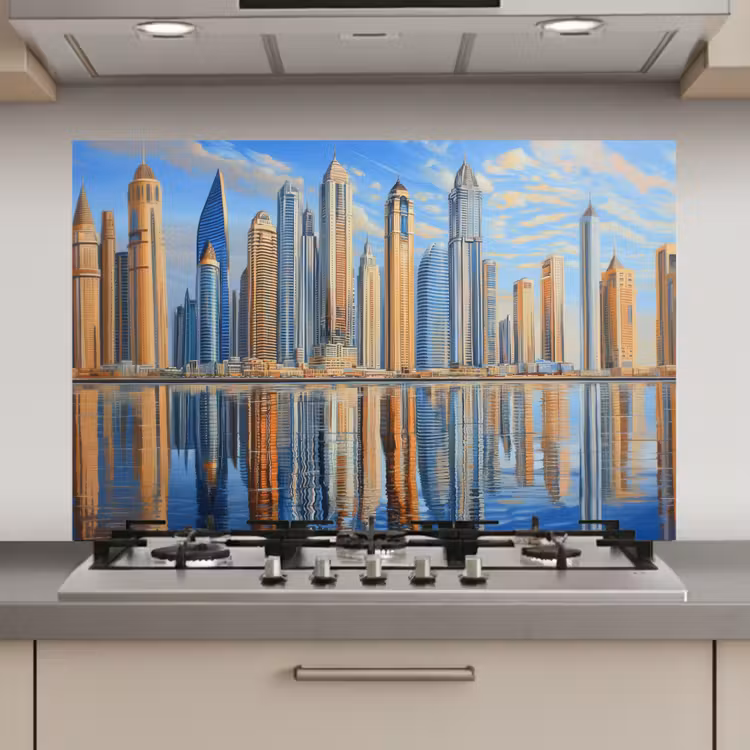 Spatscherm keuken - Skyline - Wolkenkrabbers - Water - Blauw — 1