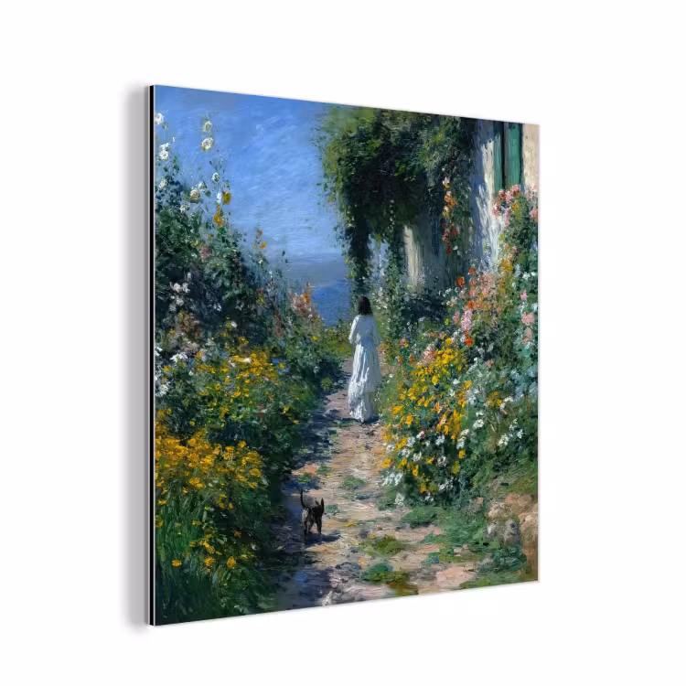 Aluminium schilderij - Kat - Vrouw - Bloemen - Huis — 1