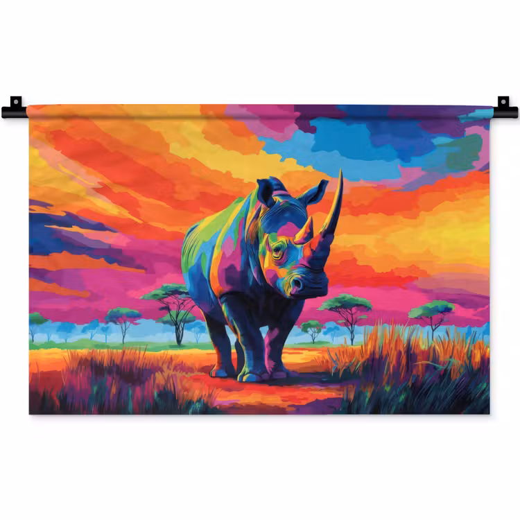 Wandkleed - Neushoorn - Zonsondergang - Savanna - Kleurrijk — 1