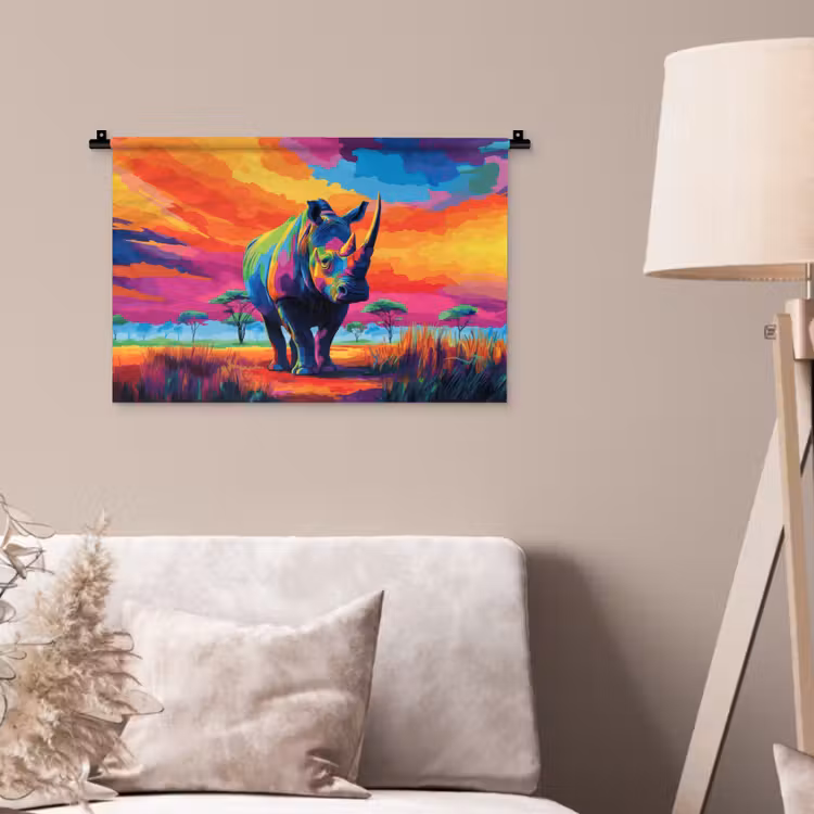 Wandkleed - Neushoorn - Zonsondergang - Savanna - Kleurrijk — 2