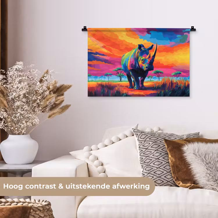 Wandkleed - Neushoorn - Zonsondergang - Savanna - Kleurrijk — 4