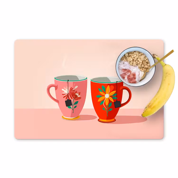 Placemat - 6 stuks - Theekopjes - Bloemmotieven - Roze - Theezakjes — 1
