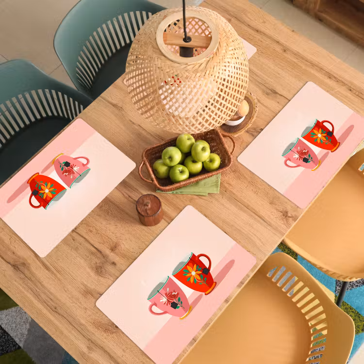 Placemat - 6 stuks - Theekopjes - Bloemmotieven - Roze - Theezakjes — 6