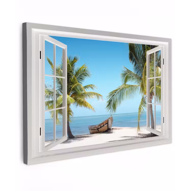 Buiten canvas - Uitzicht op Tropisch Strand met Boot — 1