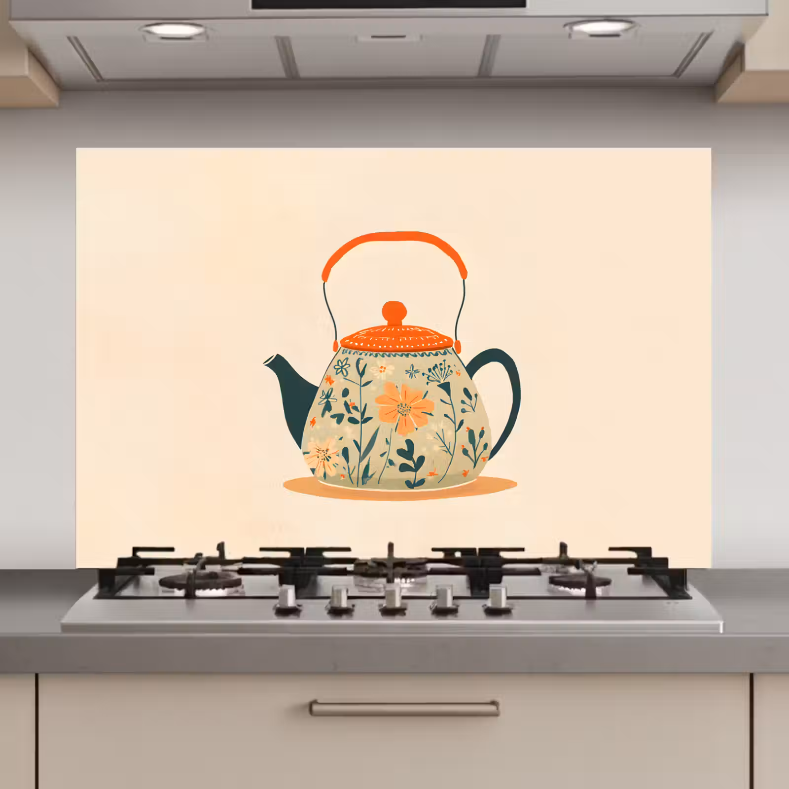 Spatscherm keuken - Oranje - Theepot - Bloemen - Bladeren — 1