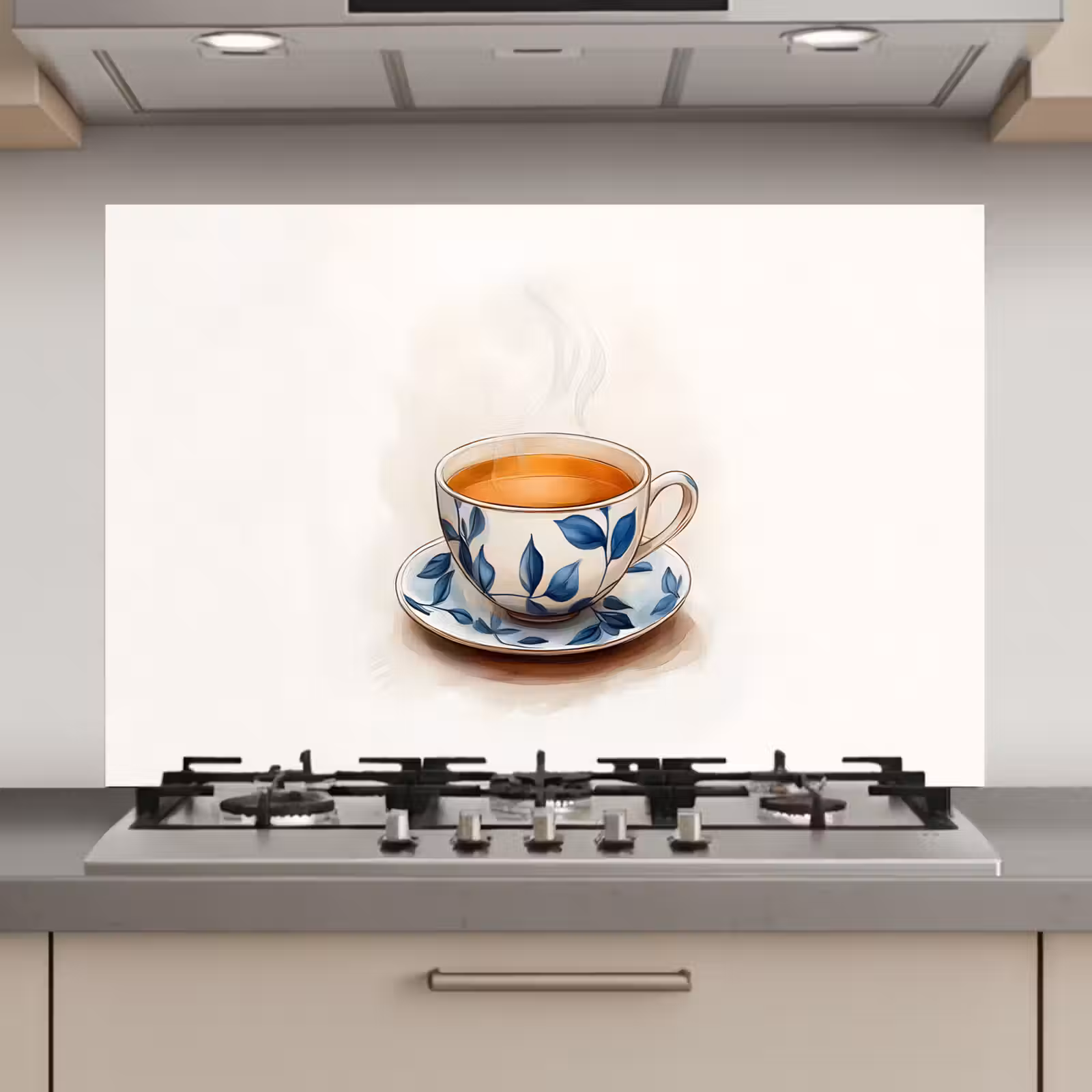 Spatscherm keuken - Theekop - Bladeren - Blauw — 1