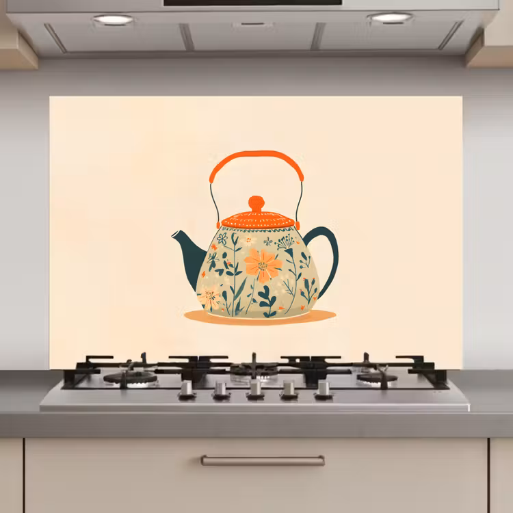 Spatscherm keuken - Oranje - Theepot - Bloemen - Bladeren — 1