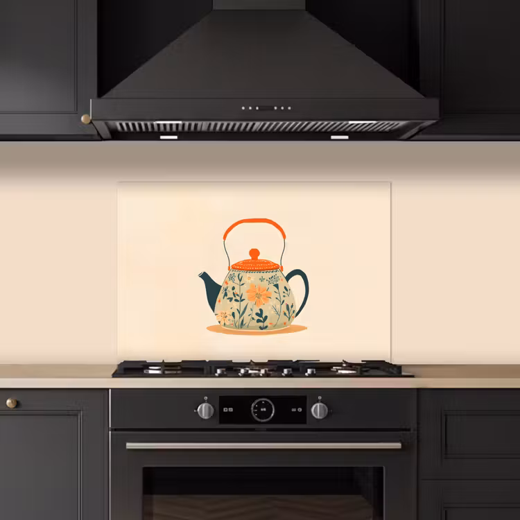 Spatscherm keuken - Oranje - Theepot - Bloemen - Bladeren — 2