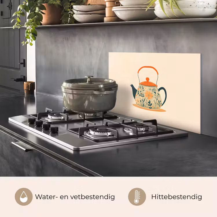 Spatscherm keuken - Oranje - Theepot - Bloemen - Bladeren — 7