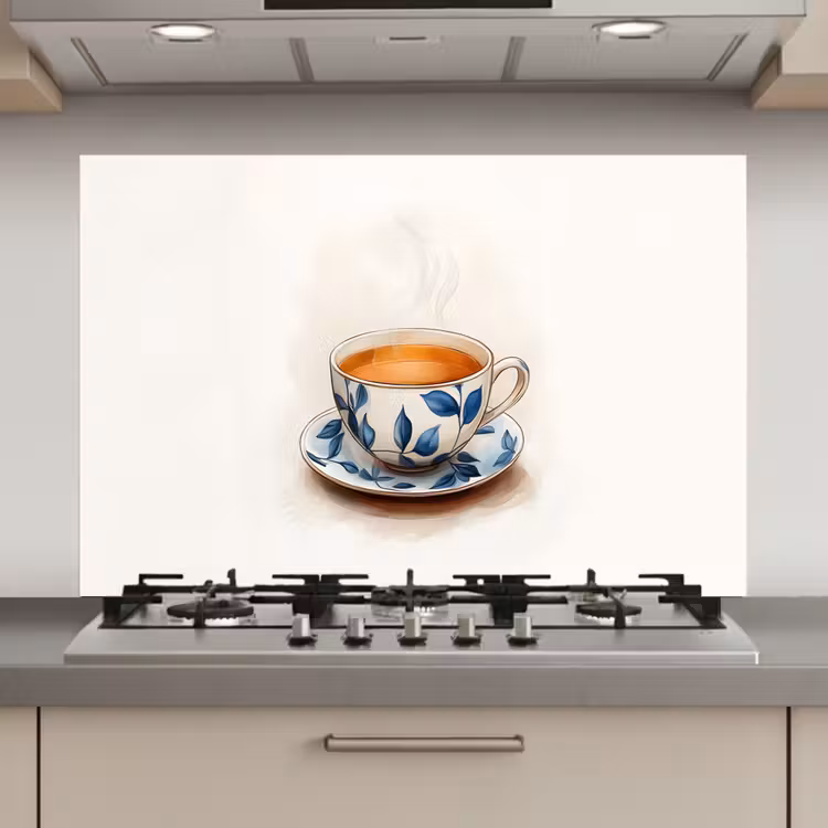 Spatscherm keuken - Theekop - Bladeren - Blauw — 1