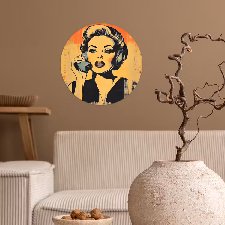 Behangcirkel - Retro - Vrouw - Koptelefoon - Oranje — 2